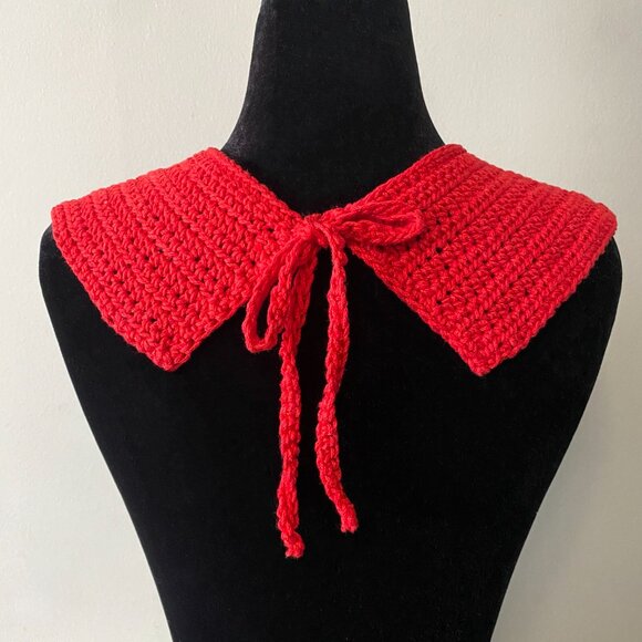 Handmade Crochet Red White Cotton Mohair Holiday Collar Neckwear Accessory - Picture 4 of 6